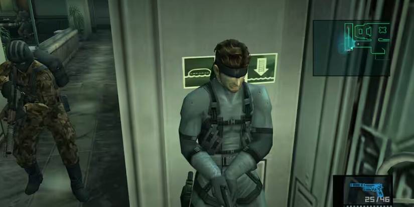 Snake hiding around the corner from an enemy soldier 