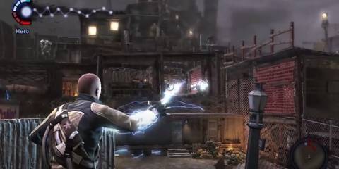 Cole firing an electric beam at an enemy 