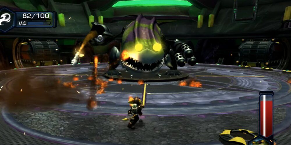 Ratchet and Clank firing a gun at a large bug-like mech 
