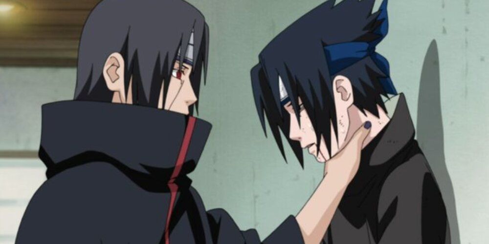 Itachi holding Sasuke in a chokehold 