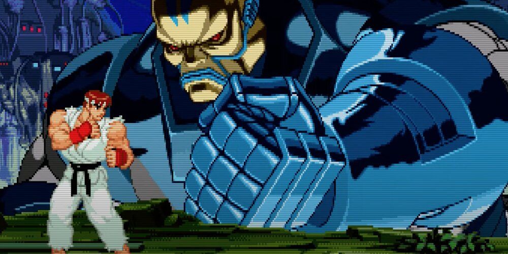 Ryu facing off against a giant mech boss