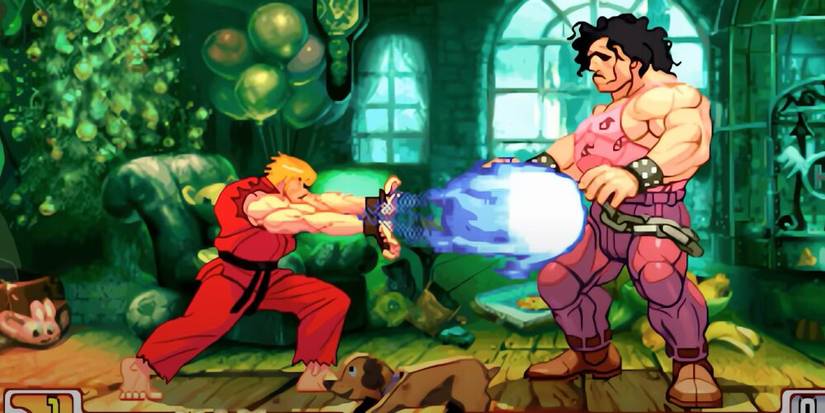 Ken firing a Hadoken at Hugo 