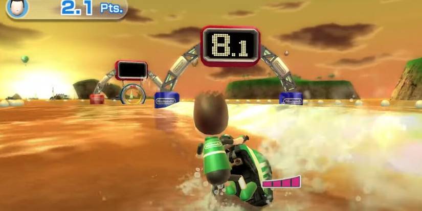 Mii in green vest on a jet-ski with large rings in the foreground 