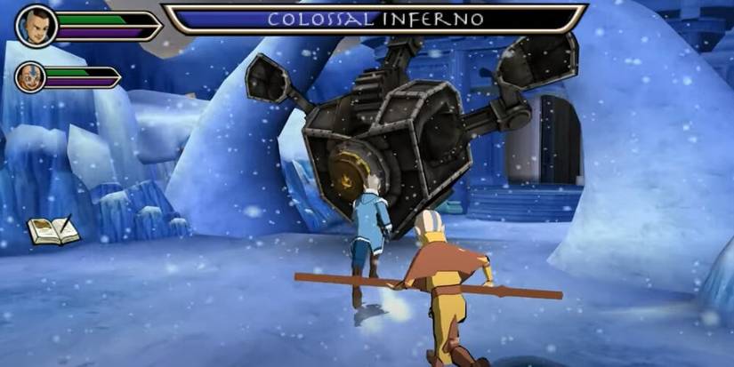 Aang and Sokka attacking a large mechanical boss 