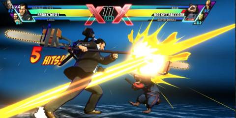 Frank West slashing an enemy with chainsaws 