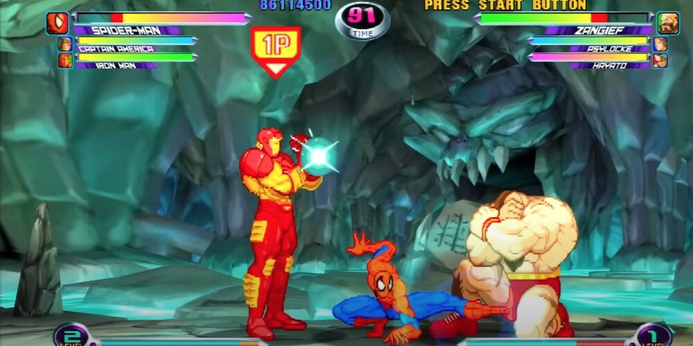 Iron Man, Spider Man and Zangief fighting in a cave 