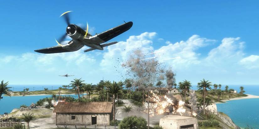 Plane bombarding a small village on an island 