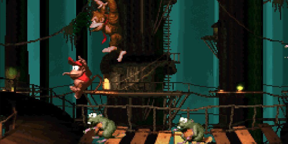 Donkey Kong and Diddy Kong jumping over two rat enemies 