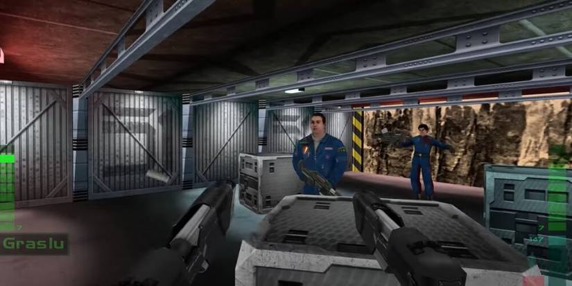 Player aiming dual handguns at a soldier 