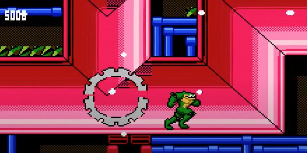 Battletoad running away from a large wheel 