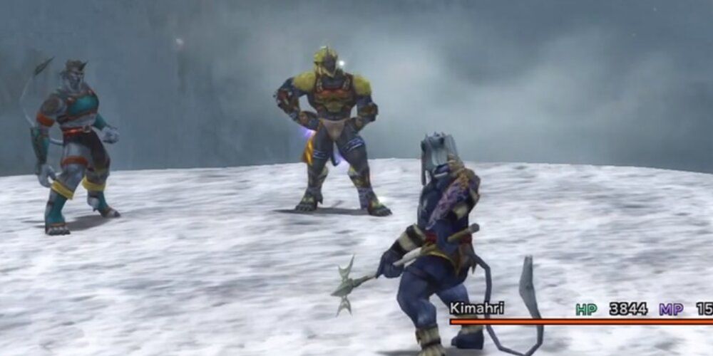 Kimahri facing off against two Ronso on a snowy mountain 