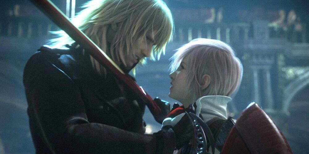 Lightning putting a sword to Snow's neck 