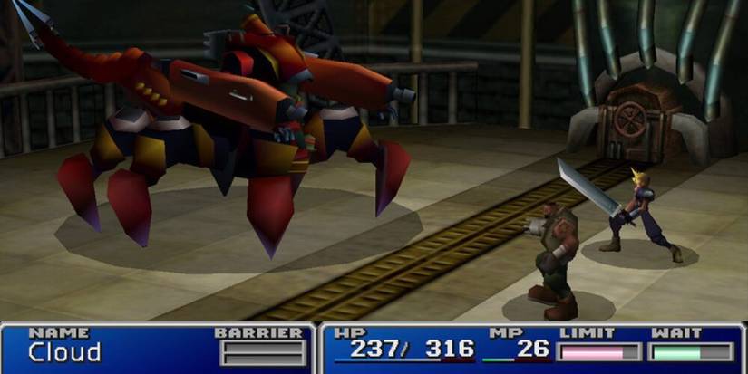 Cloud and Barret fighting a large mech scorpion 