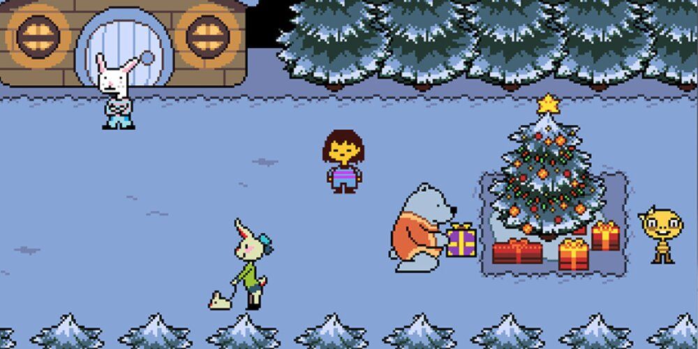 Protagonist standing in a snowy field with other animals in Undertale 