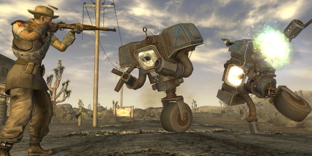 Courier firing a rifle at robots in Fallout New Vegas 