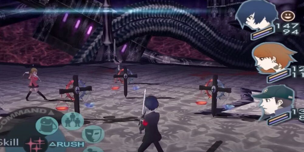 Persona 3 party fighting three cross enemies 