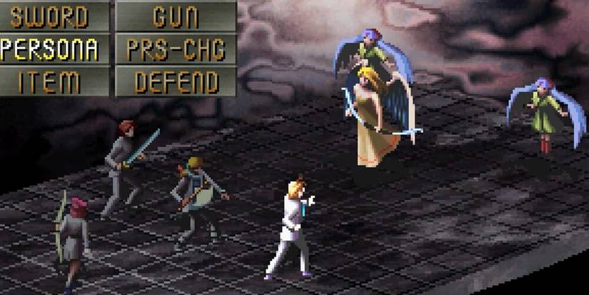 Persona party members fighting a group of angel enemies 