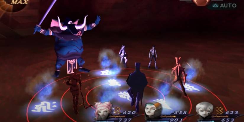 Party members in Devil Saga fighting three enemies 