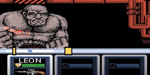 Leon shooting a Tyrant in FPS mode 