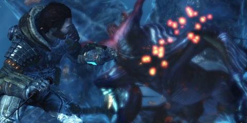 Soldier running away from a large monster in Lost Planet 3