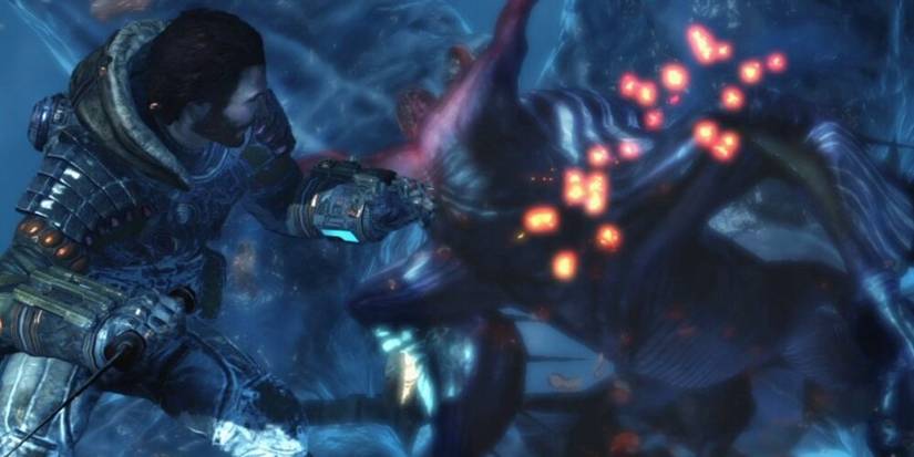 Soldier running away from a large monster in Lost Planet 3