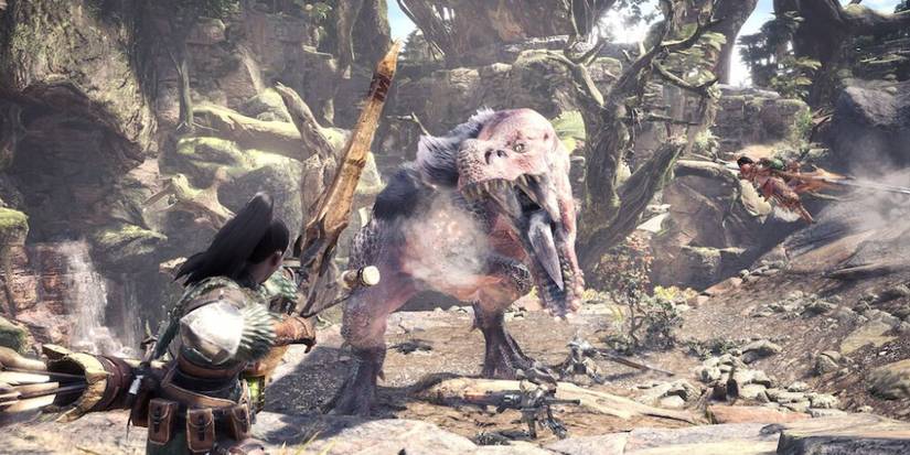 Archer firing an arrow at a large dinosaur in a wasteland 