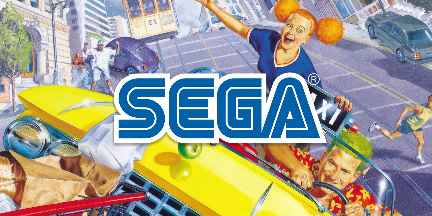 Sega logo over colorful Crazy Taxi Dreamcast box cover artwork