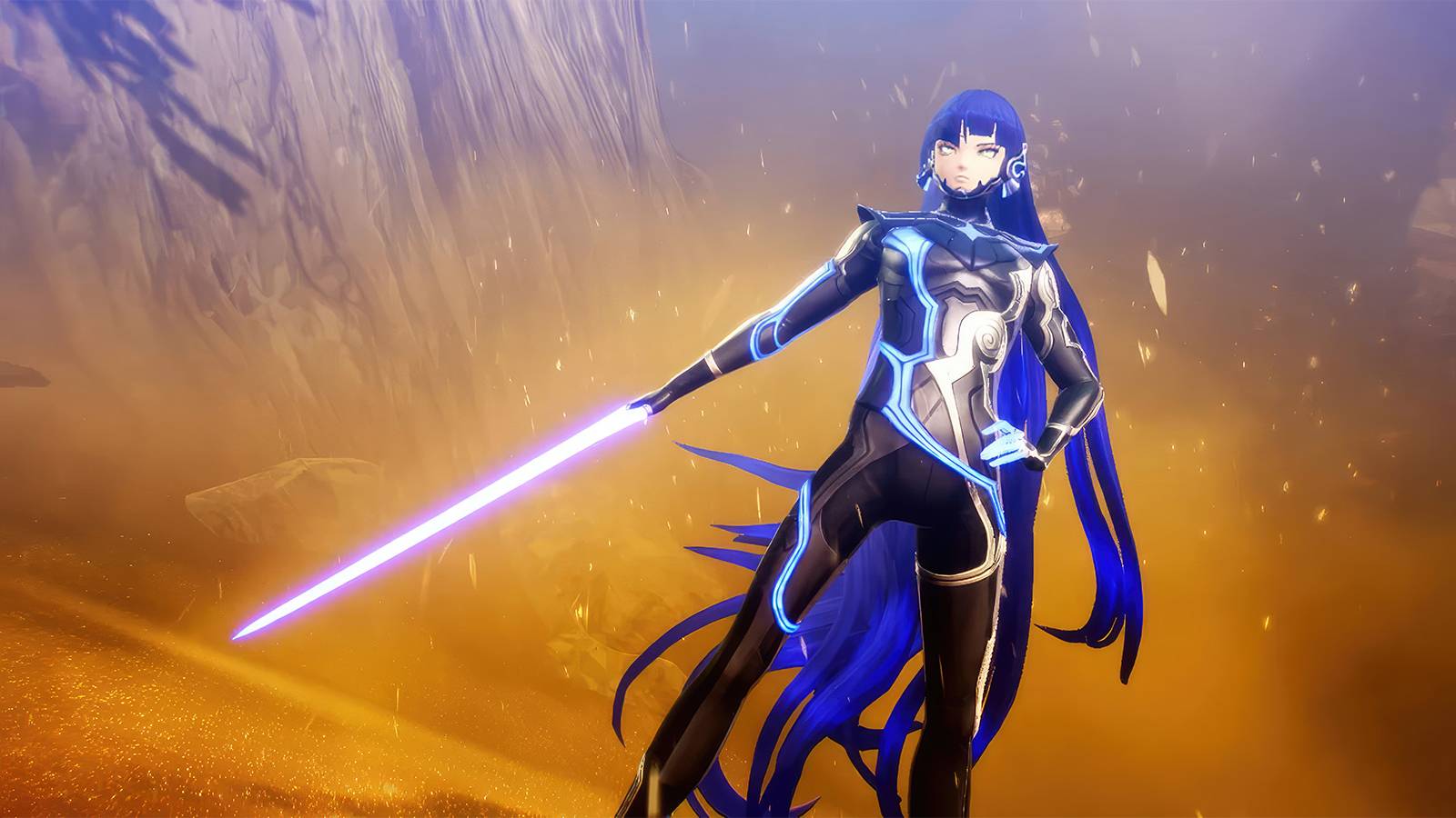 Shin Megami Tensei 5 SMT5 Nahobino wielding blue lightsaber