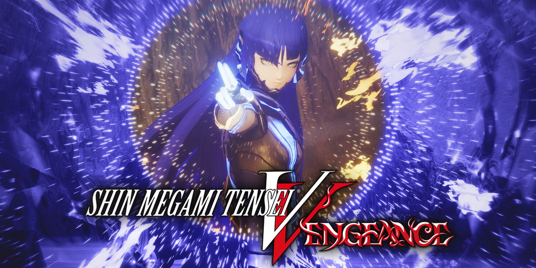 Shin Megami Tensei 5 Vengeance Nahobino casting spell purple tinted edit with SMT5V game logo