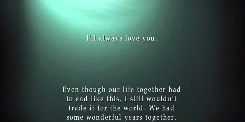 Silent Hill 2 ending text with a cyan background