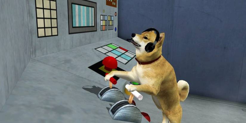 Silent Hill 2 dog pulling leavers while wearing headphones