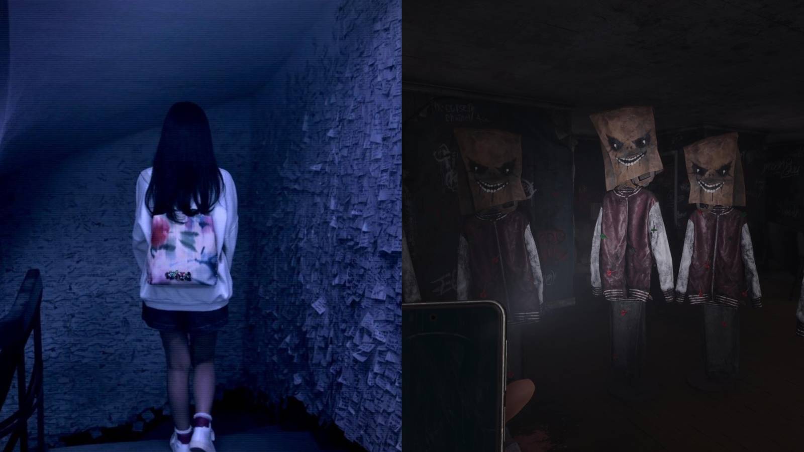 Split image showing some creepy moments in Silent Hill: The Short Message.