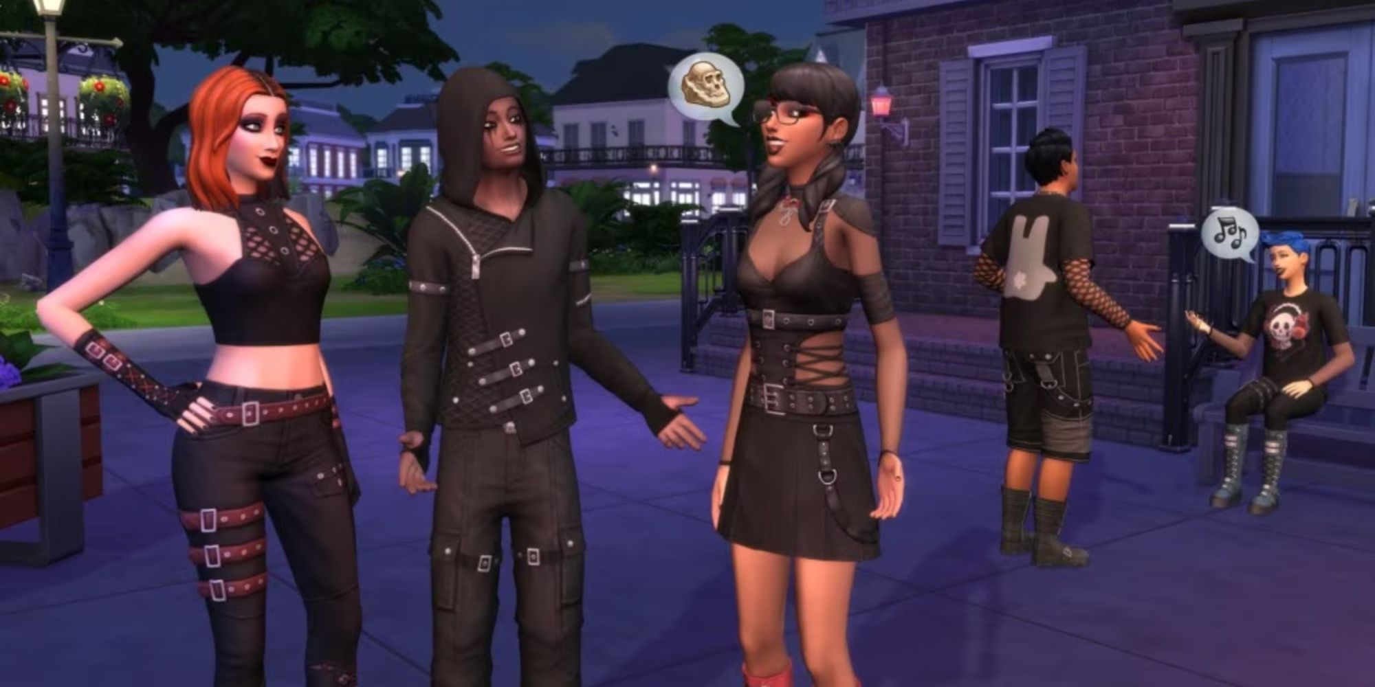 Sims 4 Goth Galore Kit with a few people stood around in black goth outfits