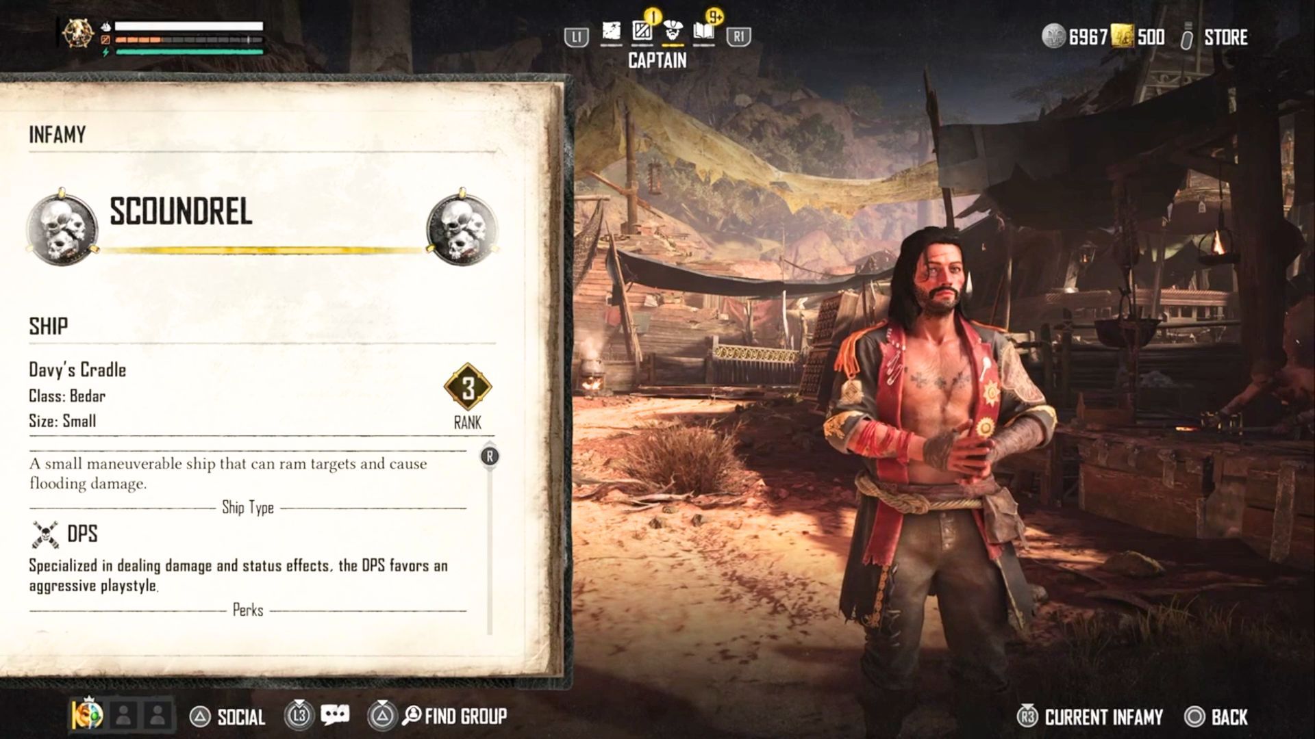 The Captain menu of Skull and Bones showing player information