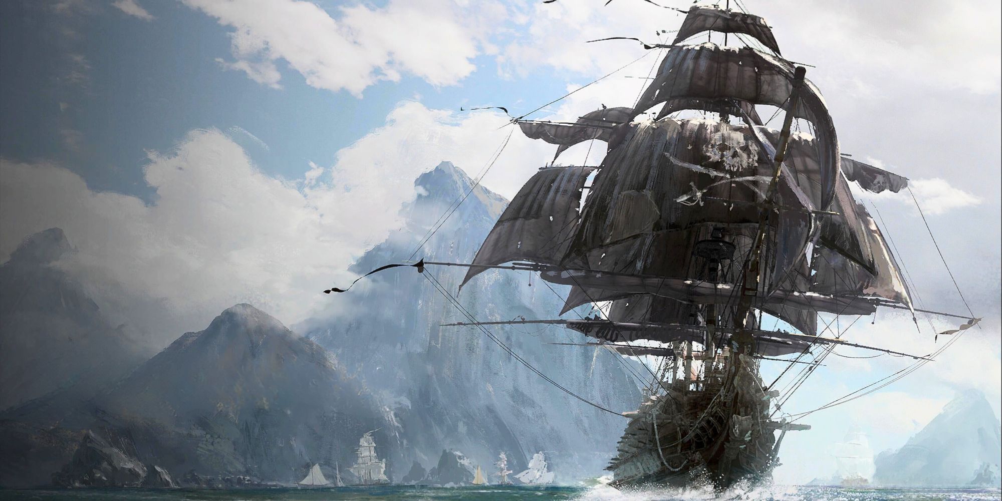 An image of a huge pirate ship with black sails in the style of an oil painting