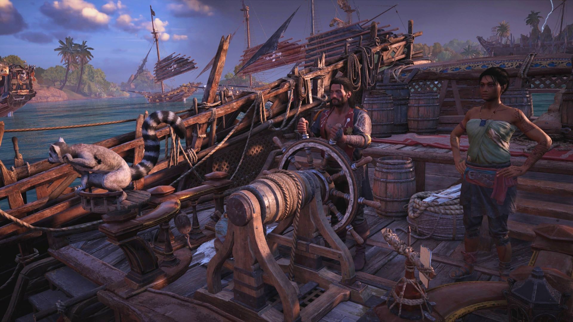 A Skull and Bones player standing behind the steering wheel of their ship