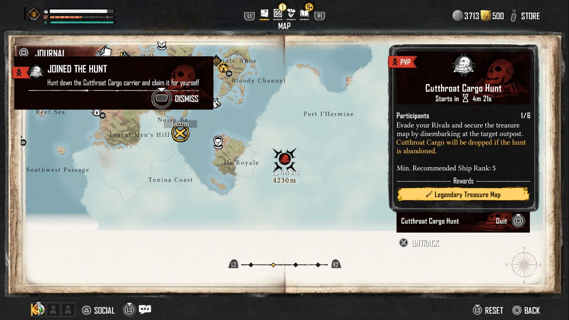 A Skull and Bones map showing the starting point of the Cutthroat Cargo Hunt