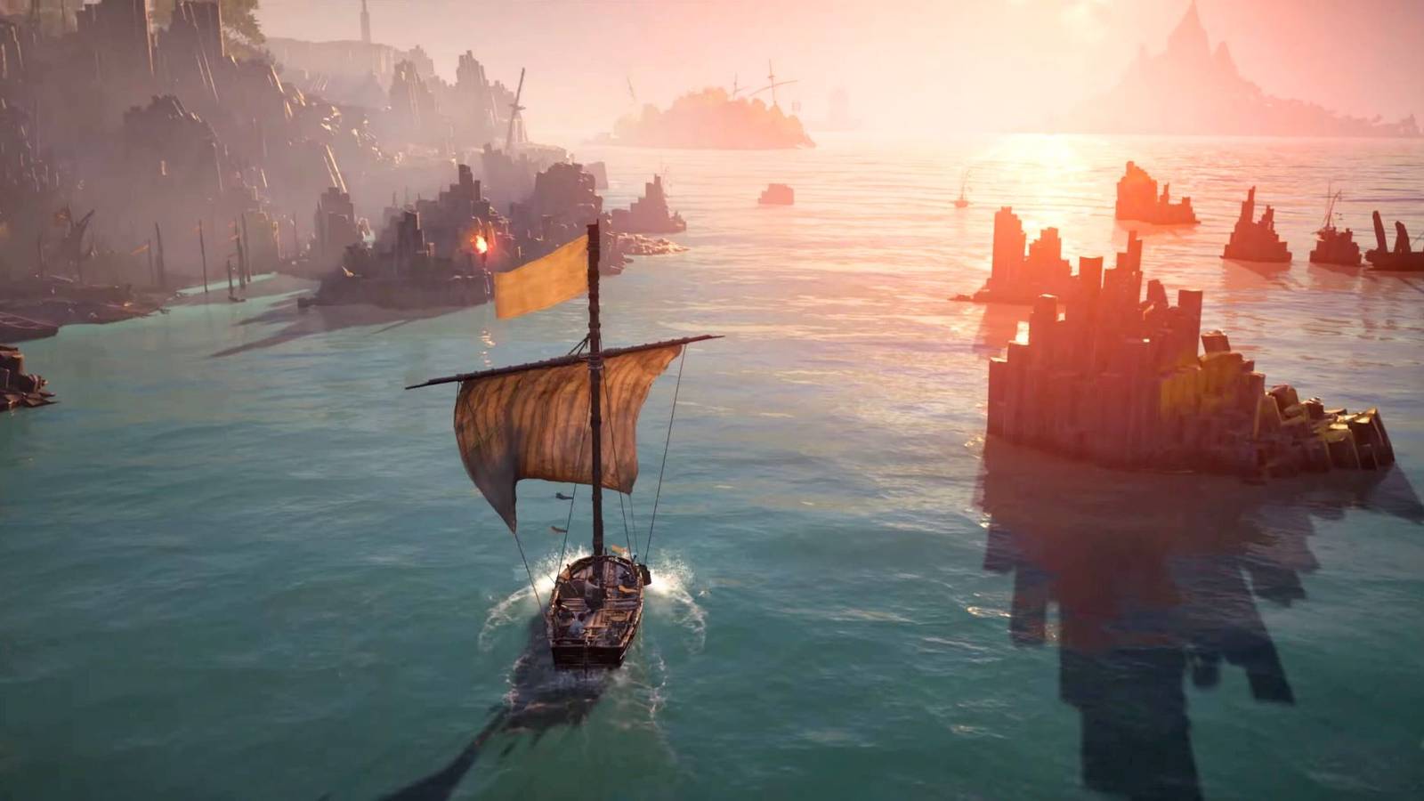 A pirate ship sailing through rocks and shipwrecks