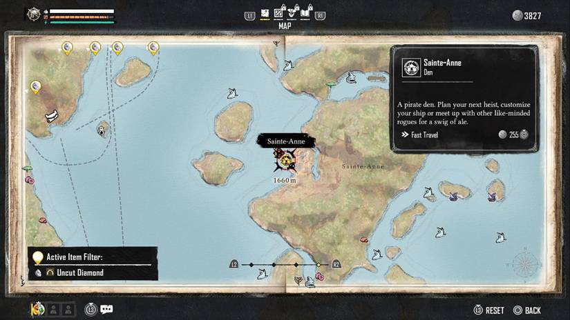 The map in Skull and Bones showing how to fast travel to Sainte-Anne