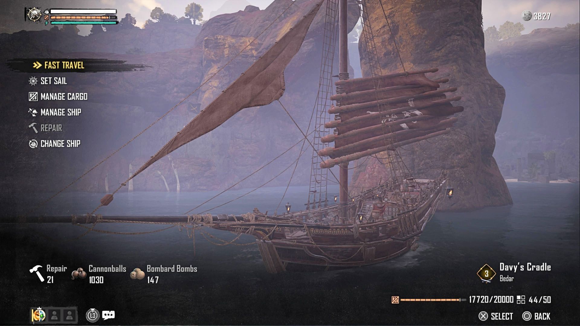 The ship customization menu in Skull and Bones, showing how to fast travel