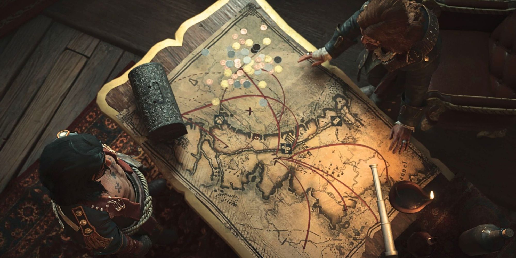 A player standing over a map