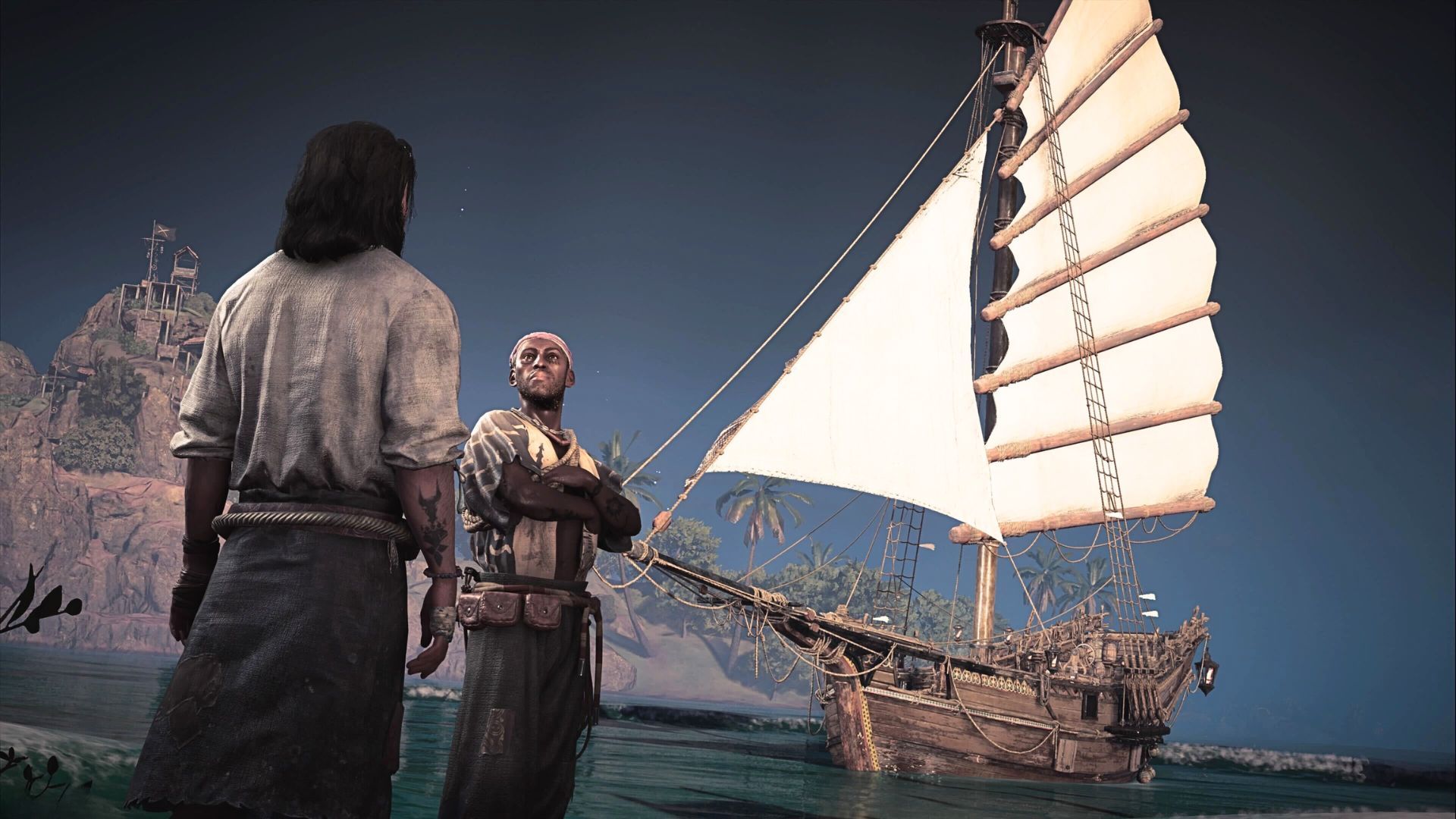 A player and shipwright standing in front of a ship in Skull and Bones