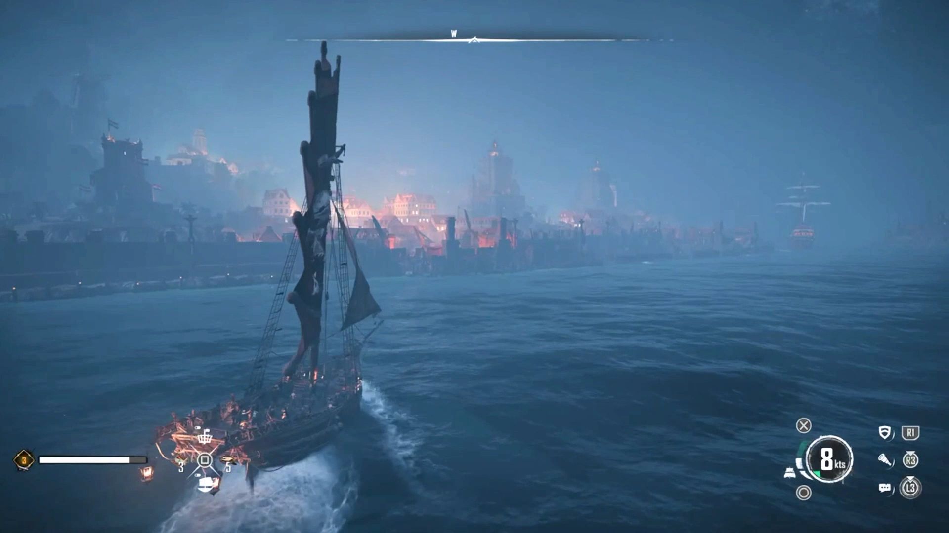 A player sailing their pirate ship in front of Oosten Capital in Skull and Bones