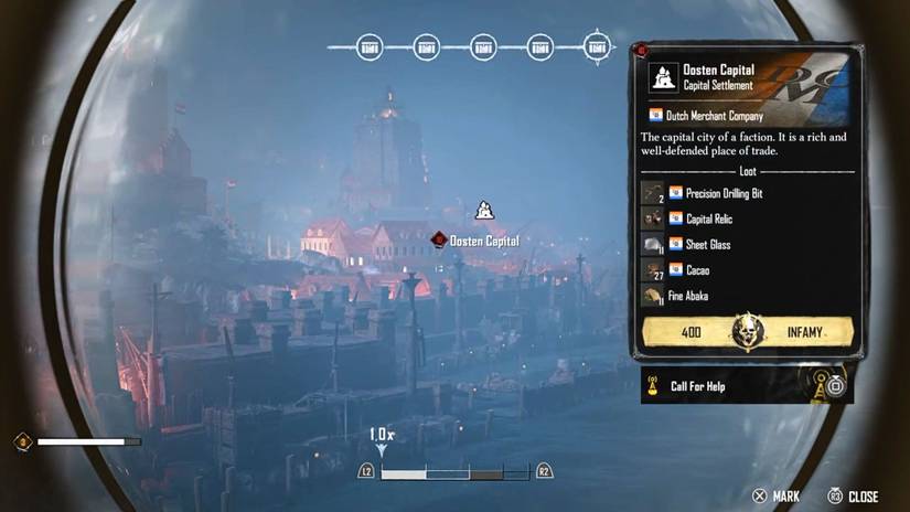 A player looking at Oosten Capital through a Spyglass in Skull and Bones