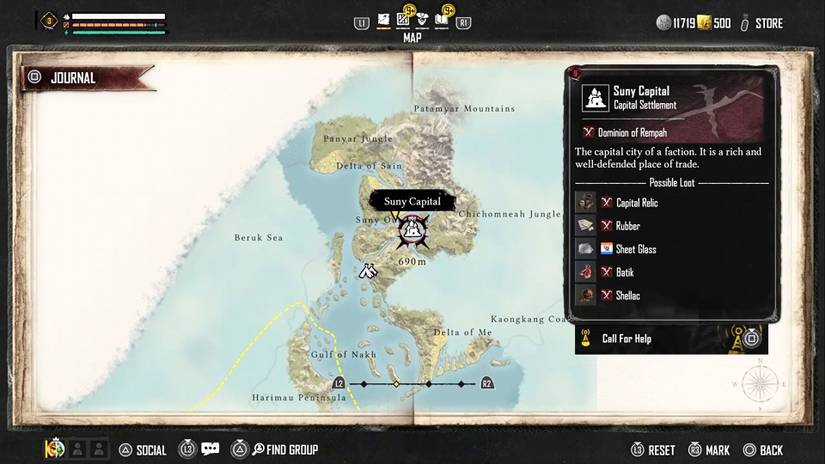 The location of the Suny settlement on the game map in Skull and Bones