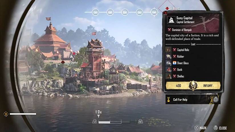 The settlement of Suny as seen through a player's Spyglass in Skull and Bones