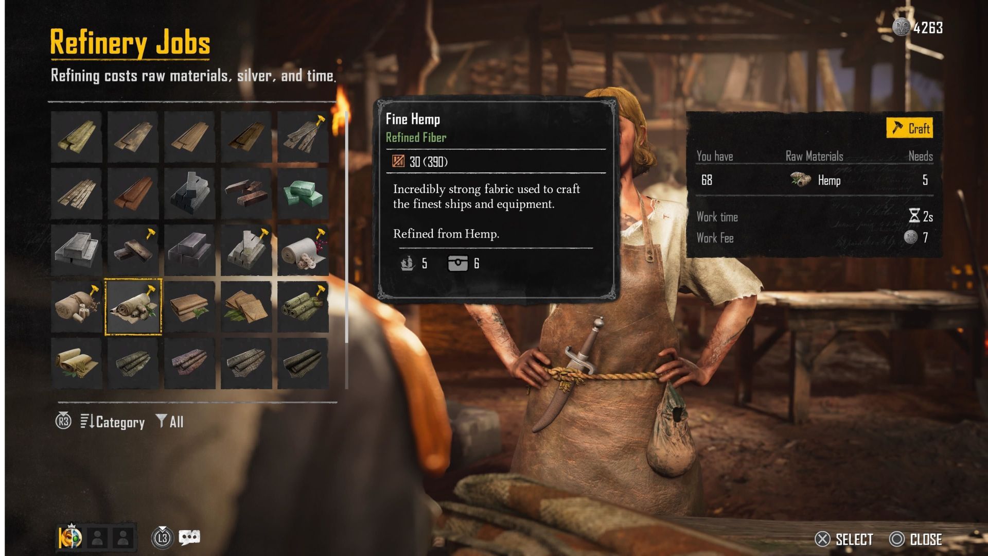 The Refinery vendor in Skull and Bones with the Refined Hemp option highlighted