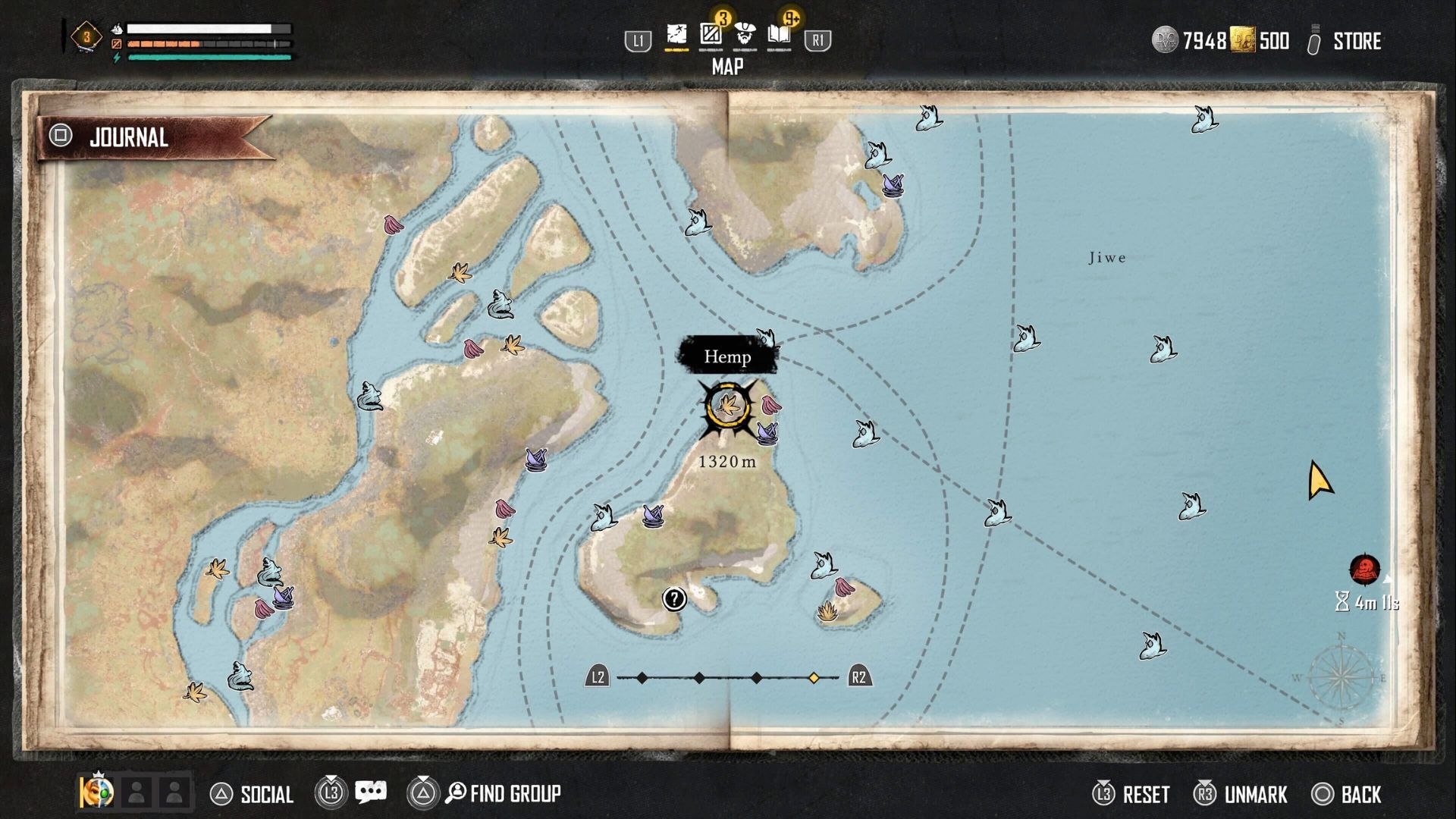 An image of the map in Skull and Bones with the cursor highlighting the location of Hemp