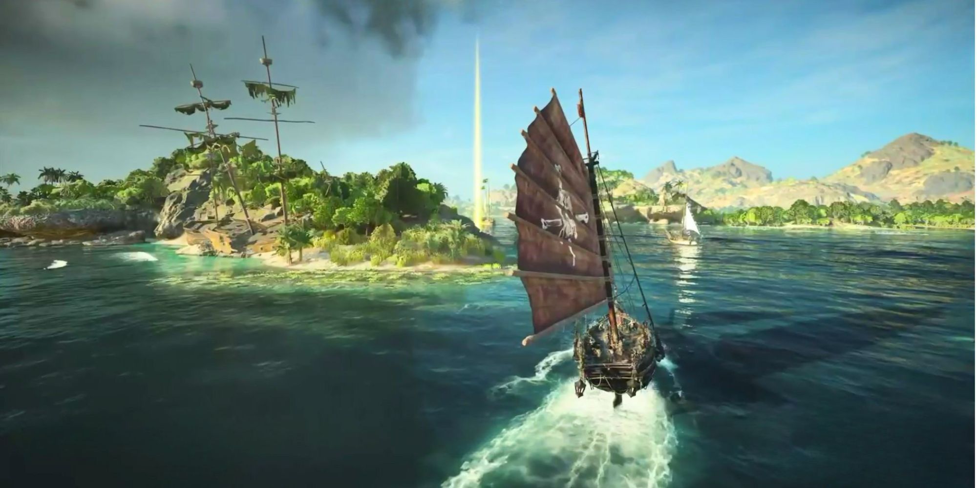 A player in Skull and Bones sailing their ship near an island with shipwrecks on it