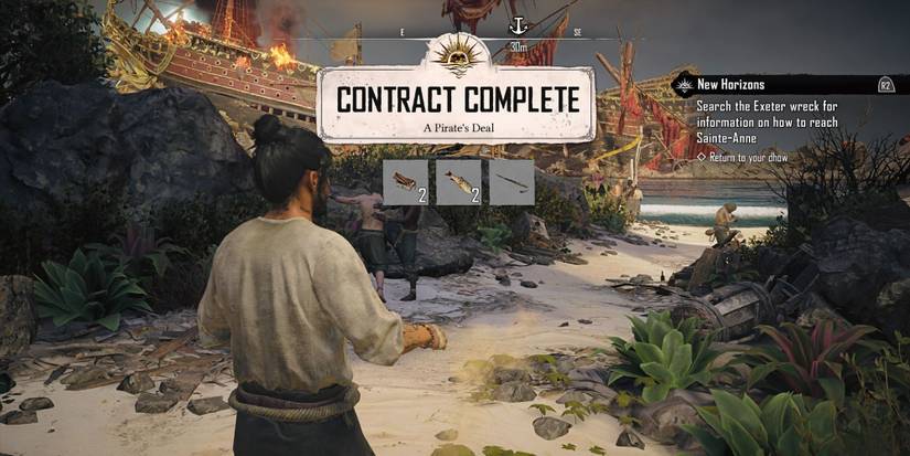 A Skull and Bones player receiving a Contract Complete notice showing the rewards for completion